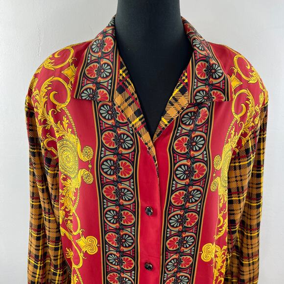 VINTAGE BrownStone Multi Blouse Top Chain Printed Notch Lapel Button Front 14W - Picture 2 of 6